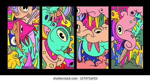 Vector abstract cartoon doodle skull, bone, insect, and head colorful illustration. Set of Liquid and fluid abstract tribal tattoo, sticker, banner, social media story, and wallpaper background.
