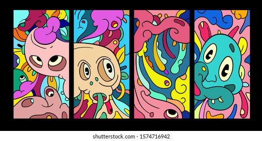 Vector abstract cartoon doodle skull, bone, insect, and head colorful illustration. Set of Liquid and fluid abstract tribal tattoo, sticker, banner, social media story, and wallpaper background.
