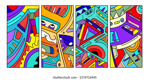 Vector abstract cartoon doodle skull, bone, insect, and head colorful illustration. Set of Liquid and fluid abstract tribal tattoo, sticker, banner, social media story, and wallpaper background.
