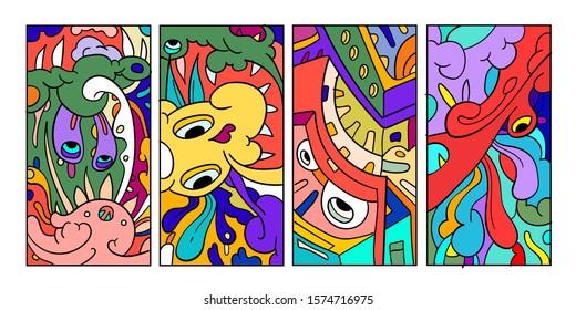 Vector abstract cartoon doodle skull, bone, insect, and head colorful illustration. Set of Liquid and fluid abstract tribal tattoo, sticker, banner, social media story, and wallpaper background.
