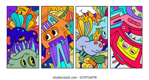 Vector abstract cartoon doodle skull, bone, insect, and head colorful illustration. Set of Liquid and fluid abstract tribal tattoo, sticker, banner, social media story, and wallpaper background.
