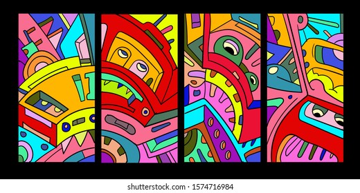 Vector abstract cartoon doodle skull, bone, insect, and head colorful illustration. Set of Liquid and fluid abstract tribal tattoo, sticker, banner, social media story, and wallpaper background.
