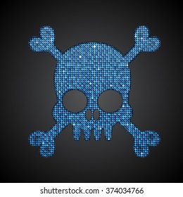 Vector skull with bones of blue sequins, glitters, sparkles, paillettes. Disco party, light music with shiny sequin. Blue dots glitter texture. Metallic glowing. Pirate flag concept. Jolly Roger.