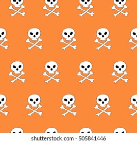 Vector skull and bones crossed seamless pattern. Diagonal tile, fantasy pattern. Orange background.