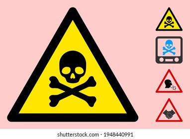 Vector skull and bones flat warning sign. Triangle icon uses black and yellow colors. Symbol style is a flat skull and bones attention sign on a pink background. Icons designed for caution signals,