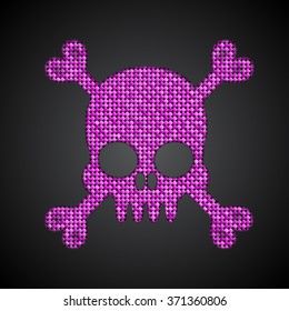 Vector skull with bones of pink sequins, glitters, sparkles, paillettes. Disco party, light music with shiny sequin. Pink dots glitter texture. Metallic glowin. Pirate flag concept. Jolly Roger.