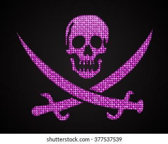 Vector skull with bones of pink sequins, glitters, sparkles, paillettes. Disco party, light music with shiny sequin. Pink dots glitter texture. Metallic glowing. Pirate flag concept. Jolly Roger.
