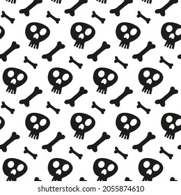 Vector skull and bones seamless pattern. Halloween scarf isolated on white background. Cartoon illustration for seasonal design, textile, decoration or greeting card. Hand drawn prints and doodle.