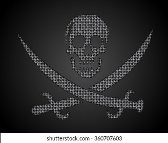 Vector skull with bones of silver sequins, glitters, sparkles, paillettes. Disco party, light music with shiny sequin. Silver dots glitter texture. Metallic glowing. Pirate flag concept. Jolly Roger.