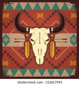 Vector skull bull with ethnic ornament on old texture.Native indian illustration