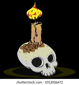 Vector skull with a candle on black background.