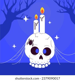 Vector skull with candle on purple vector icon illustration.