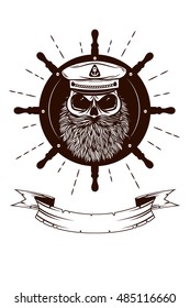 Vector skull Captain in a hat with a beard on a background of sea helm. Black and white Tattoo, Logo sailor Scull