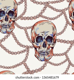 Vector Skull with chains seamless pattern. Day of The Dead Vintage glamorous illustration.