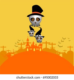 Vector of skull character with castle and graveyard illustration background in orange tone color design with copy space