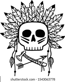 Vector Skull Chief illustration. Native American, Indian warrior with arrow and tomahawk abstract image. Isolated black and white object. Icon, symbol, tattoo, tribal art, t-shirt print, template.