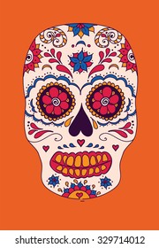 Vector skull color illustration, t-shirt graphics. Day of the dead sugar skull. Mexican skull. Day of the dead skull. Dia de los muertos skull illustration. 