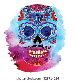 Vector skull color illustration, t-shirt graphics. Day of the dead sugar skull. Mexican skull. Day of the dead skull. Dia de los muertos skull illustration. 