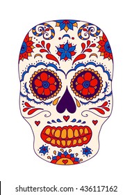 Vector skull color illustration, t-shirt graphics. Day of the dead sugar skull. Mexican skull. Day of the dead skull. Dia de los muertos skull illustration. 