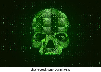 Vector Skull Constructed With Green Binary Code. Internet Piracy Hacking Security Concept. Malware Virus Ransomware System Glitch Abstract Visualization. Hacking Big Data Vector Background