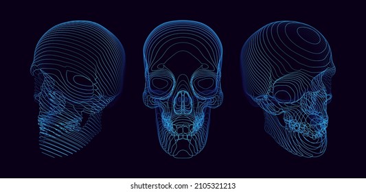 Vector Skull Contour Line Art . Stylized Human Skull Hologram HUD Design Element. Blue Lines on Dark Background. Sci-Fi Game Icon. Vector Illustration. Death Game Over Sign.