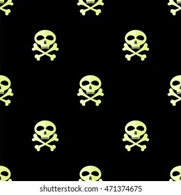 Vector Skull Cross Bones Seamless Pattern. Skull Isolated on Black