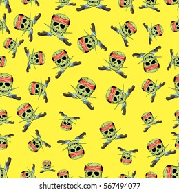 Vector Skull Cross Sharp Dagger Seamless Pattern Isolated on Yellow
