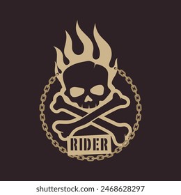 Vector skull and crossbones with flames inside circle of chain and inscribed "RIDER" Isolated on white background.