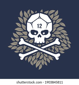 Vector skull with crossbones instead of head dice 12 sided. Leaves in the background.