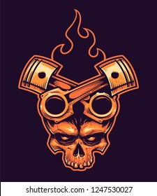 Vector Skull with Crossed Pistons and Fire. Tattoo style hand-drawn illustration.