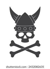 Vector skull with crossed skulls and viking helmet with horns. Isolated on white background