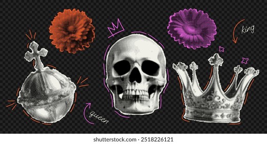 Vector skull, crown and doodles isolated on transparent background. Trendy elements with a halftone effect for collage, poster, banner, cover design in y2k style.