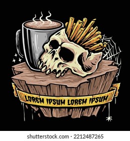vector of skull with a cup of coffee and french fries vector illustrator