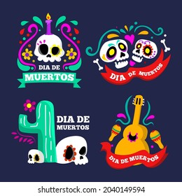 Vector of skull, dead, dia de muertos festival, colorful object, set of badge collection flat illustration. Simple abstract design, trendy typography. Used for symbol, sign, decoration, background.