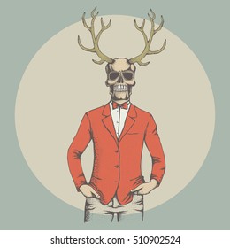 Vector skull with deer horn illustration. Hand drawn. Spooky and scary halloween skull