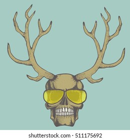 Vector skull with deer horn illustration. Hand drawn skull. Spooky and scary halloween skull