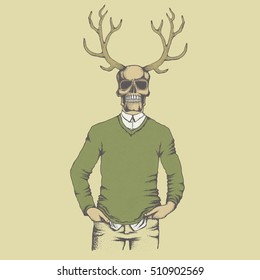 Vector skull with deer horn in sweater illustration. Hand drawn. Skull human in sweatshirt