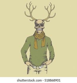 Vector skull with deer horn in sweater illustration. Hand drawn skull. Skull human in sweatshirt