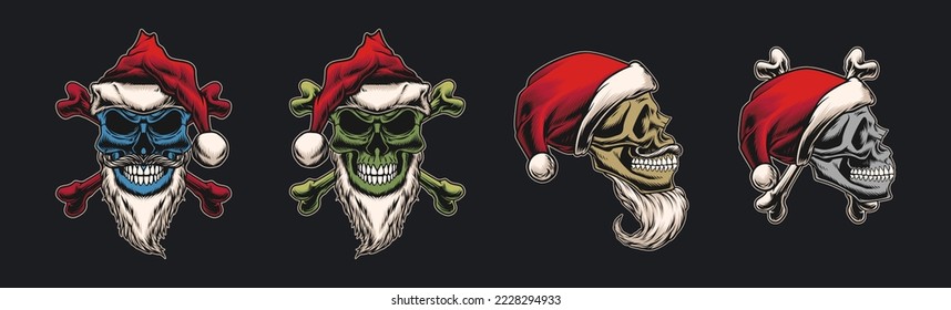 Vector skull design illustration with santa claus theme with vintage retro style