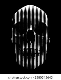 Vector skull design with vertical lines. Modern grunge woodcut style illustration. Frontal view with white vertical lines on a black background.