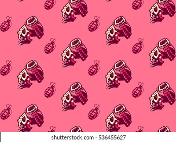 Vector skull emblem in the helmet on a pink background. Grenade F1 alternates with the skull. Seamless vector background for printing on paper, textiles, clothing. Wallpaper.