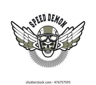 vector skull emblem in the helmet with the pistons on a white background Black and white