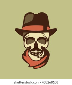vector skull emblem Trilby hat with a cigarette in his mouth retro style