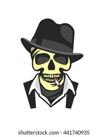 vector skull emblem Trilby hat with a cigarette in his mouth retro style