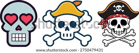Vector skull emoji with hearts, pirate skull with tricorn hat and crossed bones, vintage pirate skull with bandana and crossbones, set of skull icons, danger symbol, fun emojis.