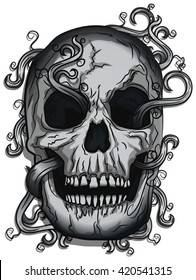 Vector Skull with Evil Laugh with Vines going through