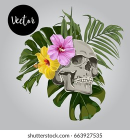 Vector Skull WIth Exotic Leaves Illustration