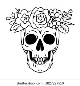 Vector skull with flowers in boho style. Outline dead head isolated on white background. Sugar skull floral print for Halloween.