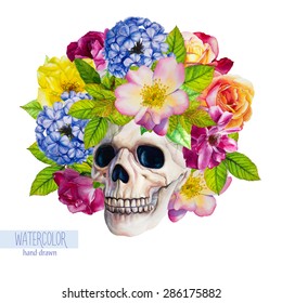 Vector skull with flowers isolated on a white background. Hand-drawn watercolor illustration. 