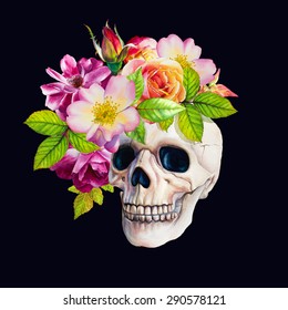 Vector skull and flowers isolated black background  Hand  drawn watercolor illustration  